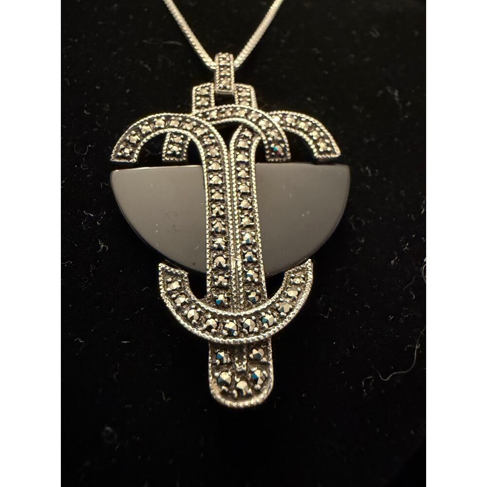 Art Deco Vintage 925 Sterling Silver 1.75x1.25” Onyx and Marcasite 18” Necklace - Picture 2 of 14